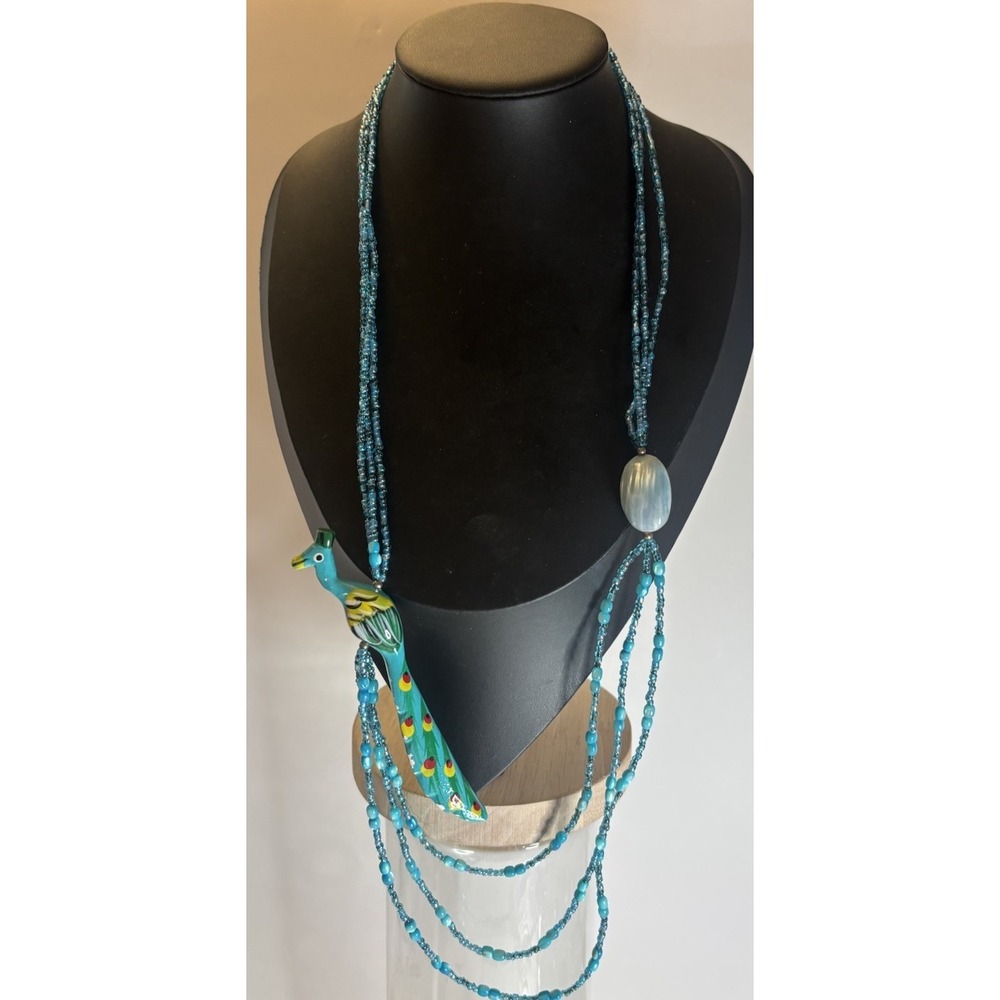 Vintage 1980's Wood Peacock Necklace 30" Teal Seed‎ Bead Triple Strand